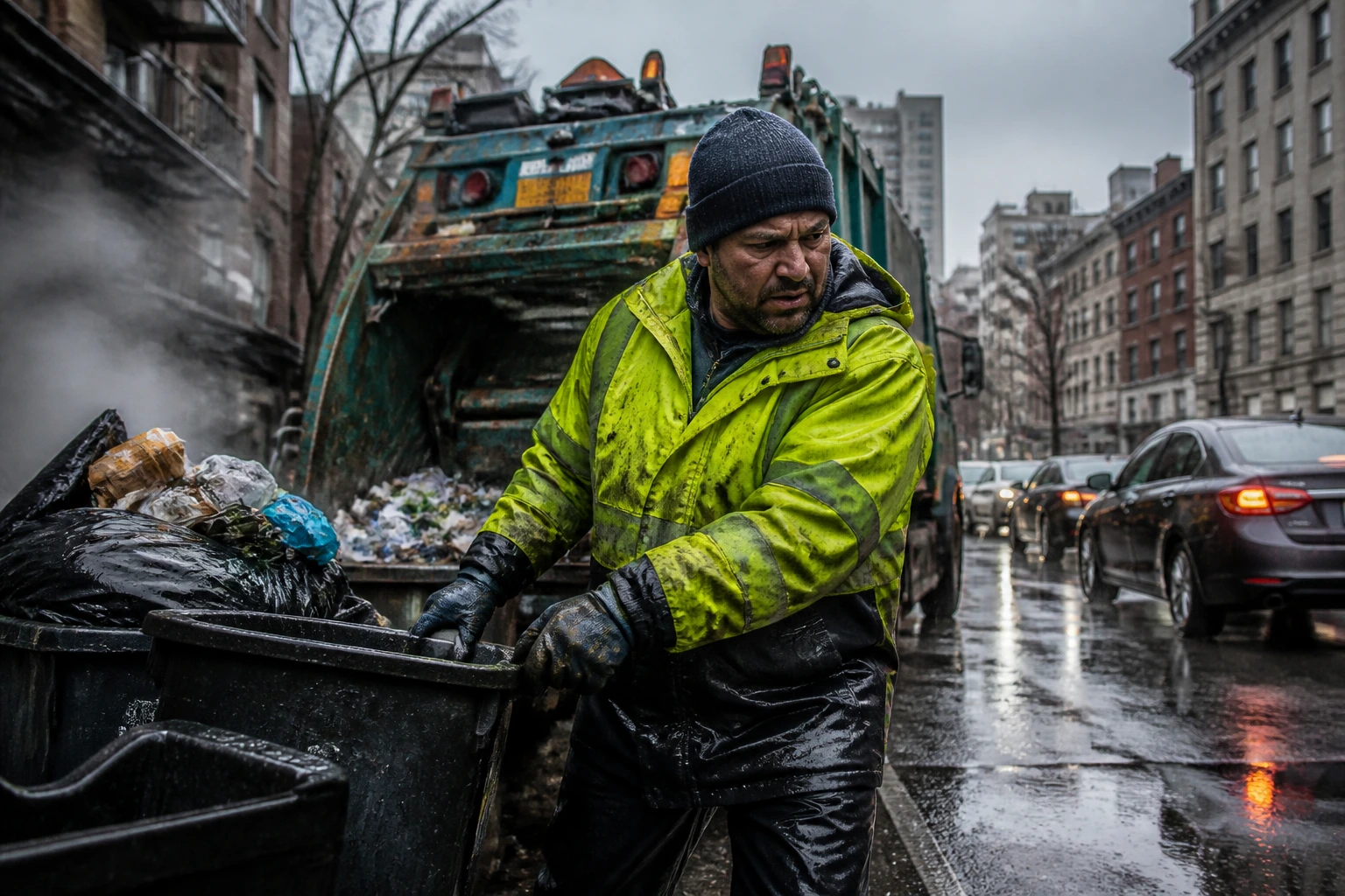 Sanitation worker on a curb in rain with truck in background