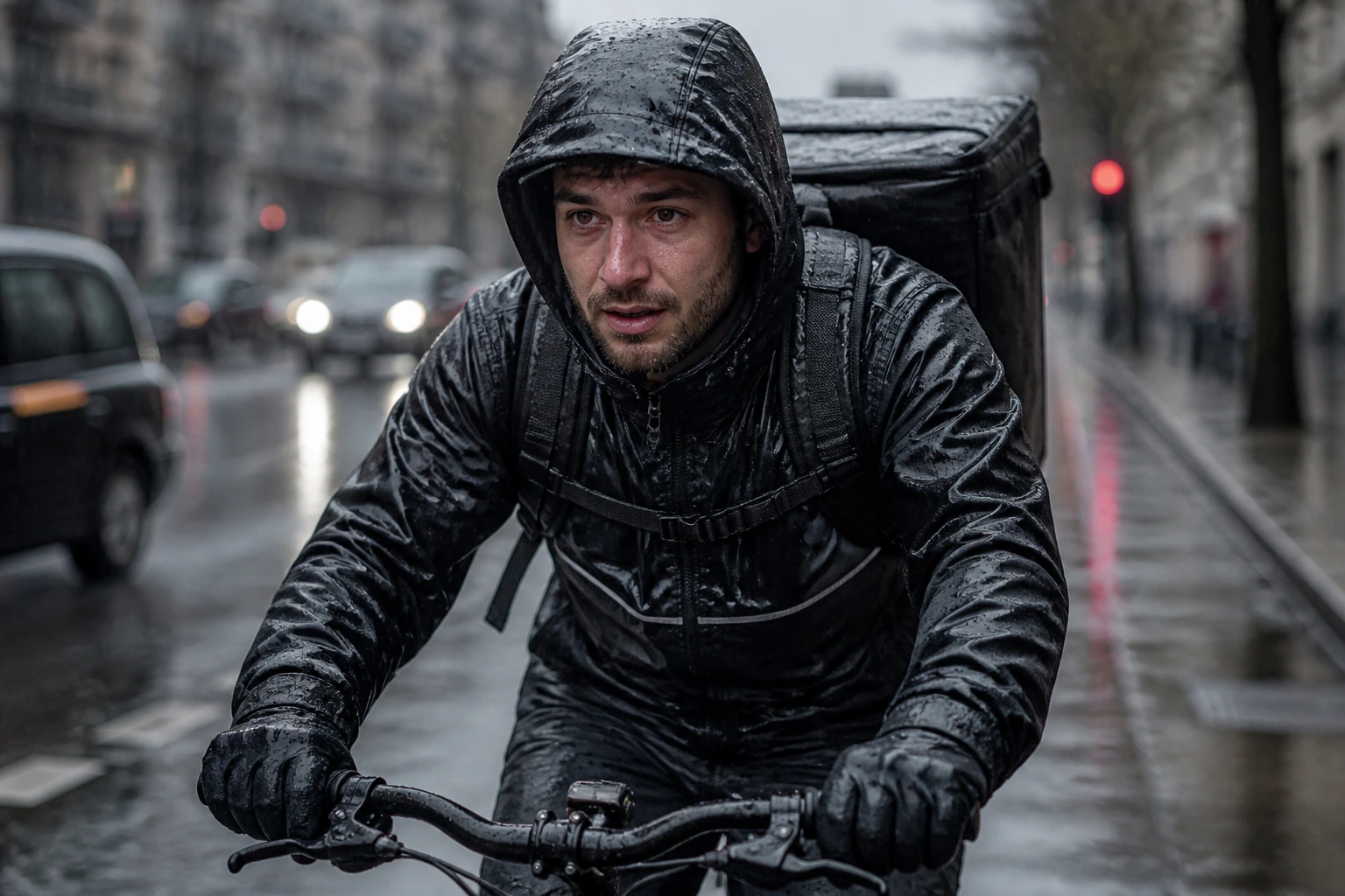Close-up of a UK delivery rider in rain gear on a wet city street emphasizing road safety.