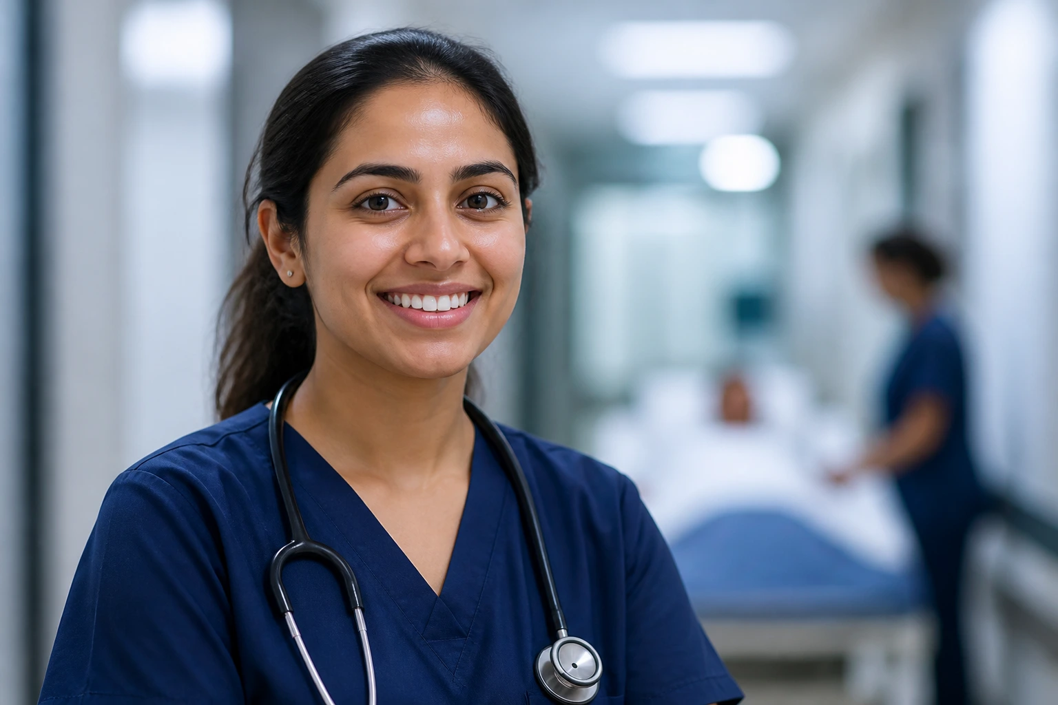 Nurse in scrubs with stethoscope in a hospital corridor