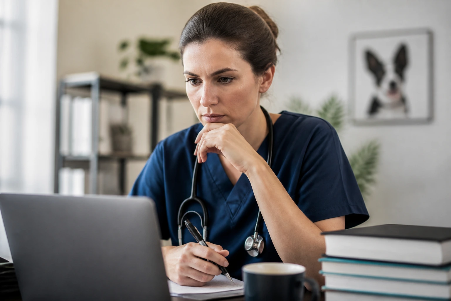 Close-up portrait of a real veterinarian facing registration challenges at a softly lit office.