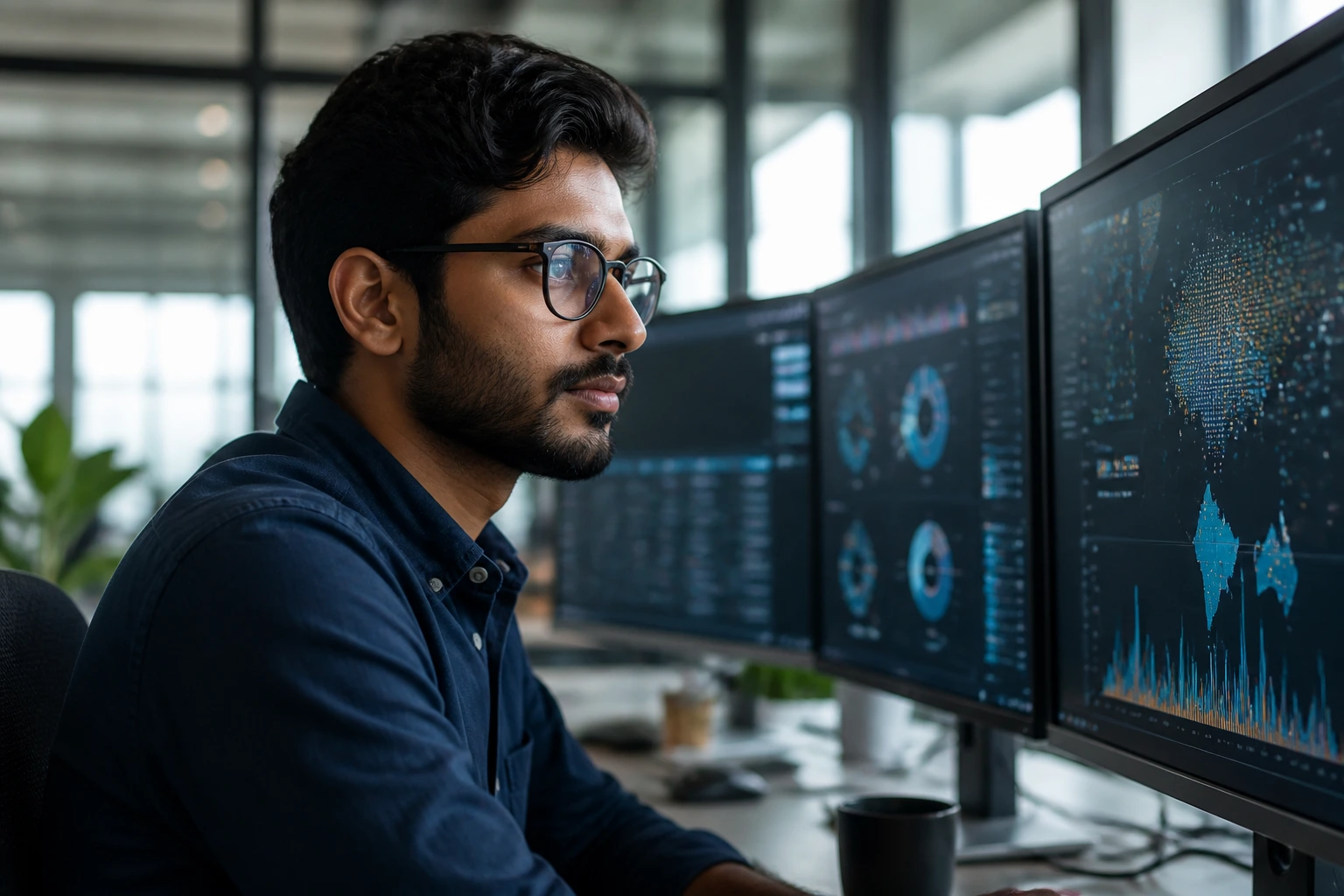 Close-up of a software engineer at a desk with abstract data visuals in a modern office
