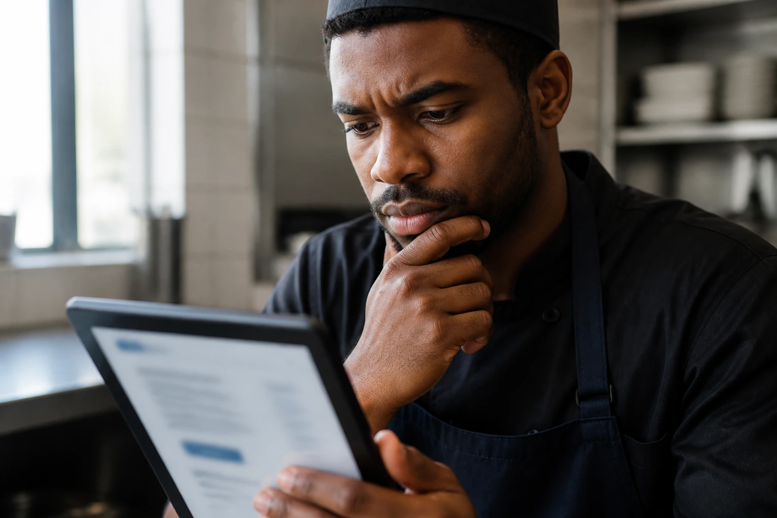 Person examining a job advert on a tablet with a blurred screen