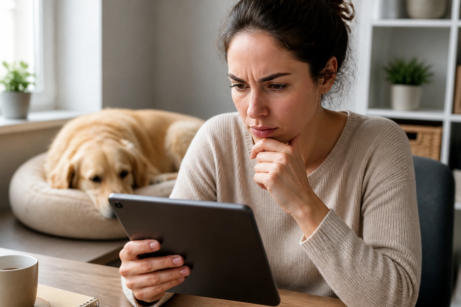 Person evaluating a pet care job advert on a tablet with no readable text