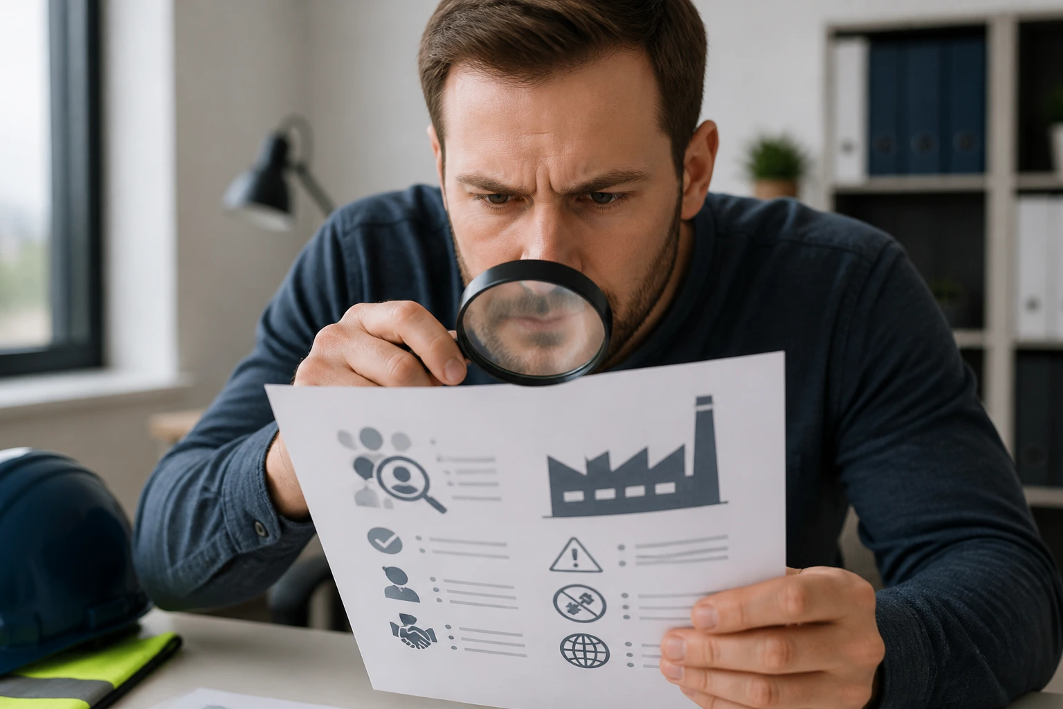 Person examining a factory job ad with a magnifying glass; page shows icons, no readable text