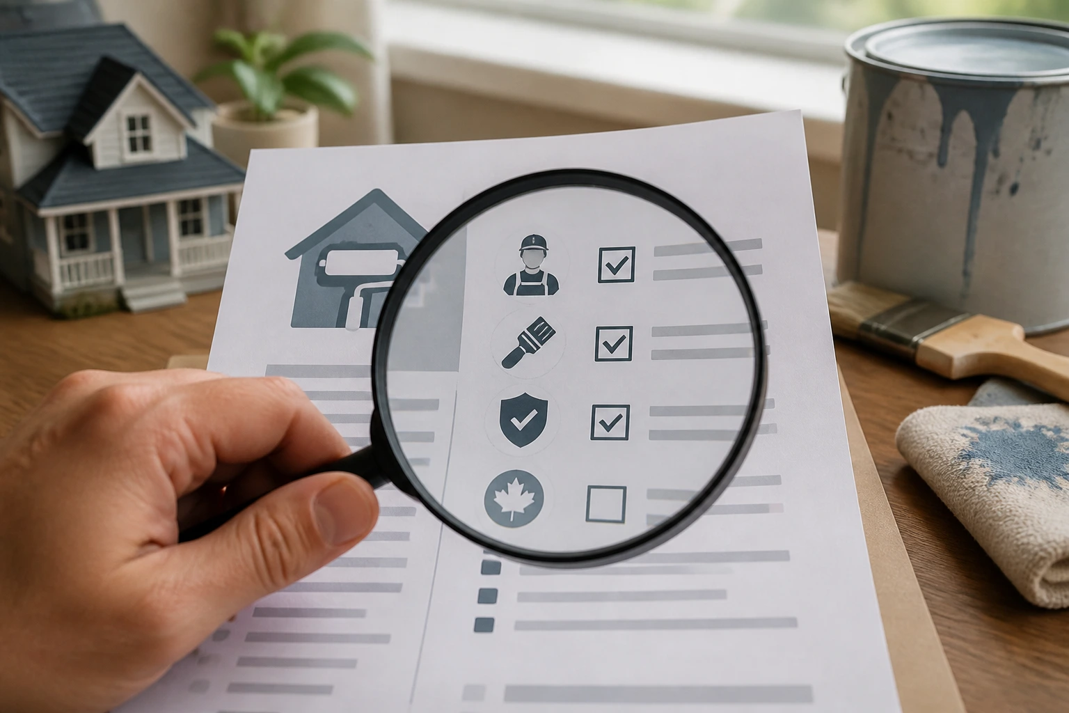 Hand with magnifying glass over a text-free job ad sketch with icons