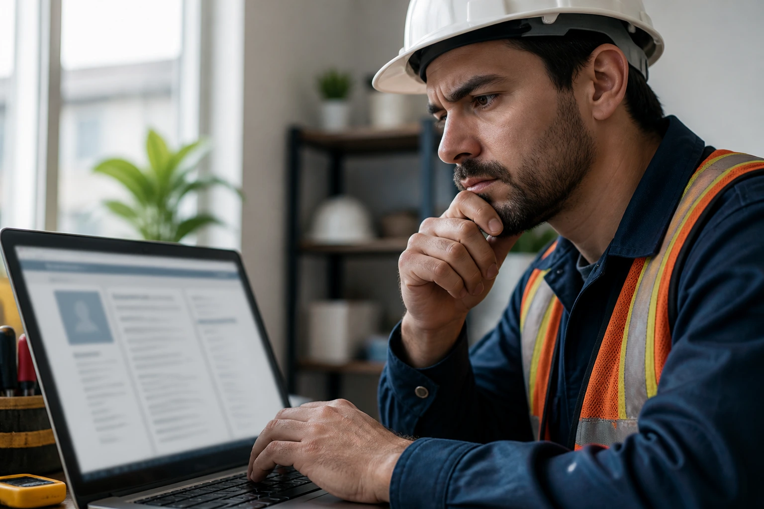 Electrician evaluating a job posting on a laptop in an office