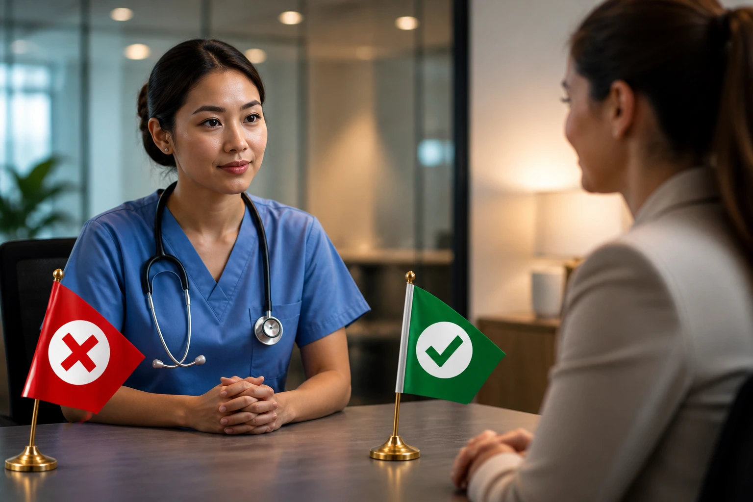 ICU nurse evaluating a recruiter in a hospital meeting room