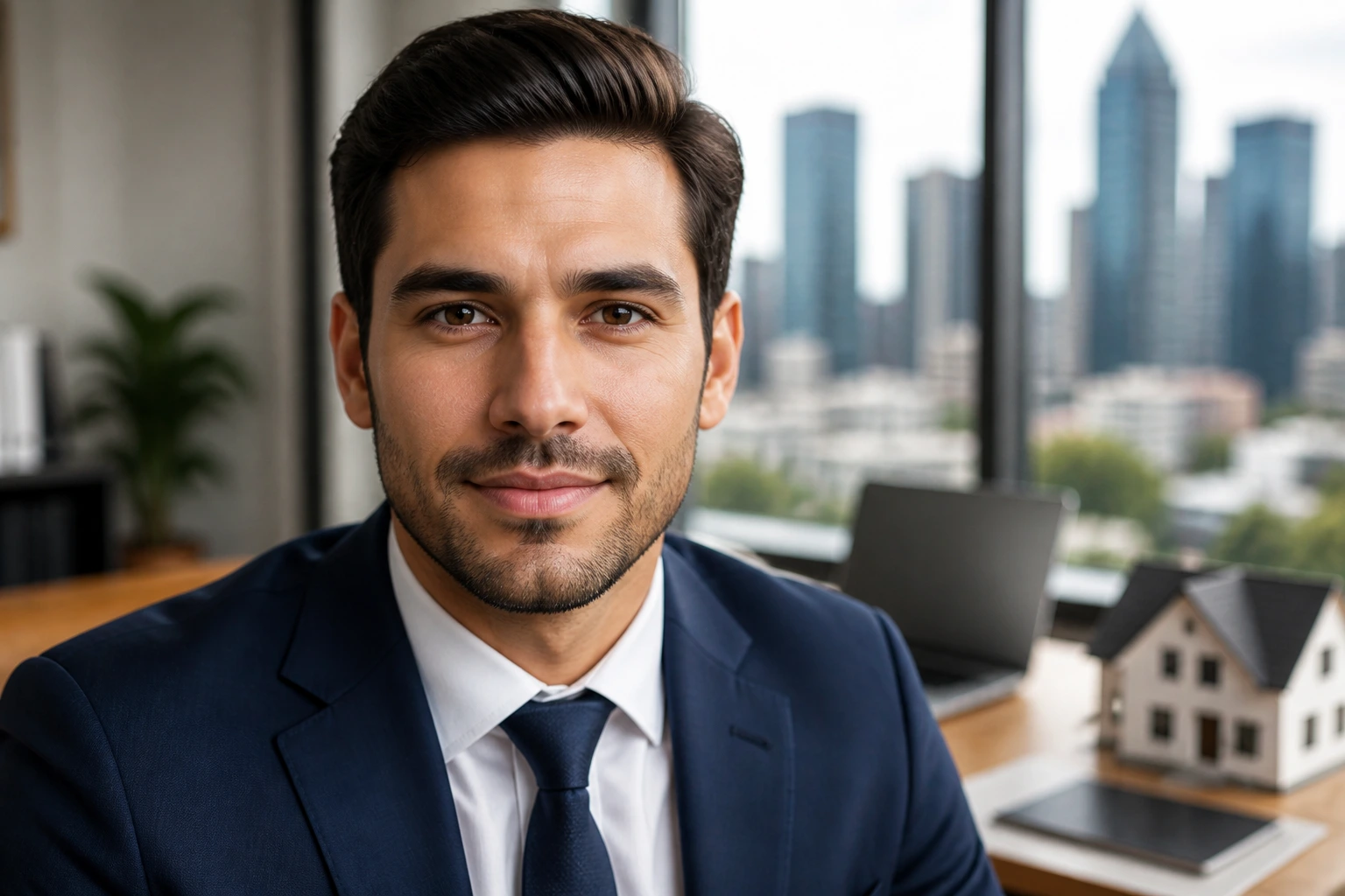 Close-up portrait of a real estate agent in a U.S. office suggesting visa sponsorship discussions