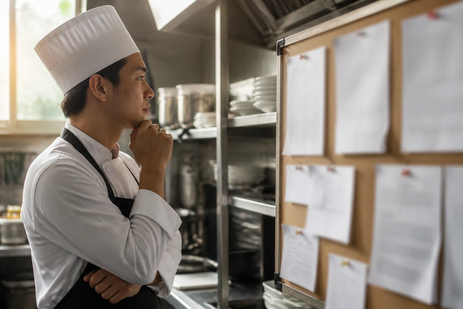 Chef examining blurred job postings on a corkboard in kitchen