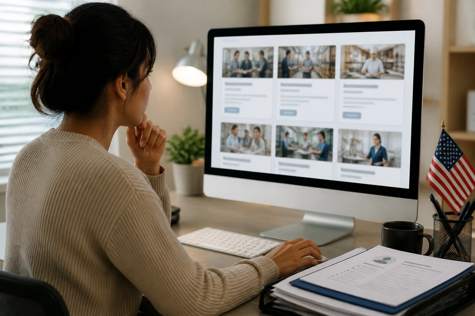 Person browsing real job postings on a computer at a desk.