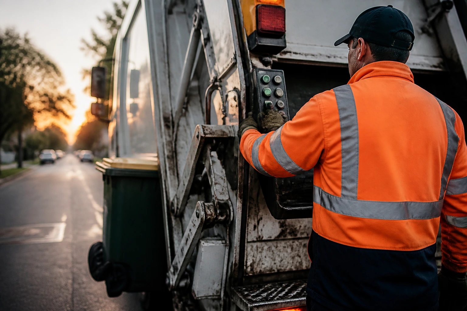 Rear-lift operator working on a garbage truck on an urban street