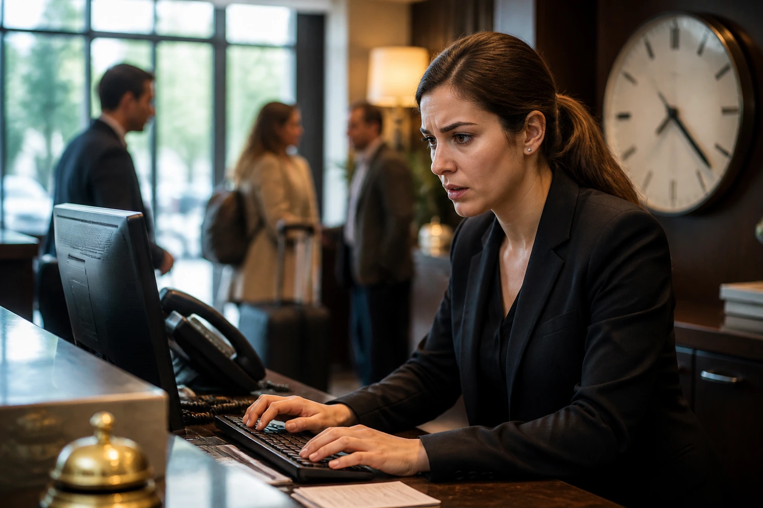 Receptionist at front desk with clock in background