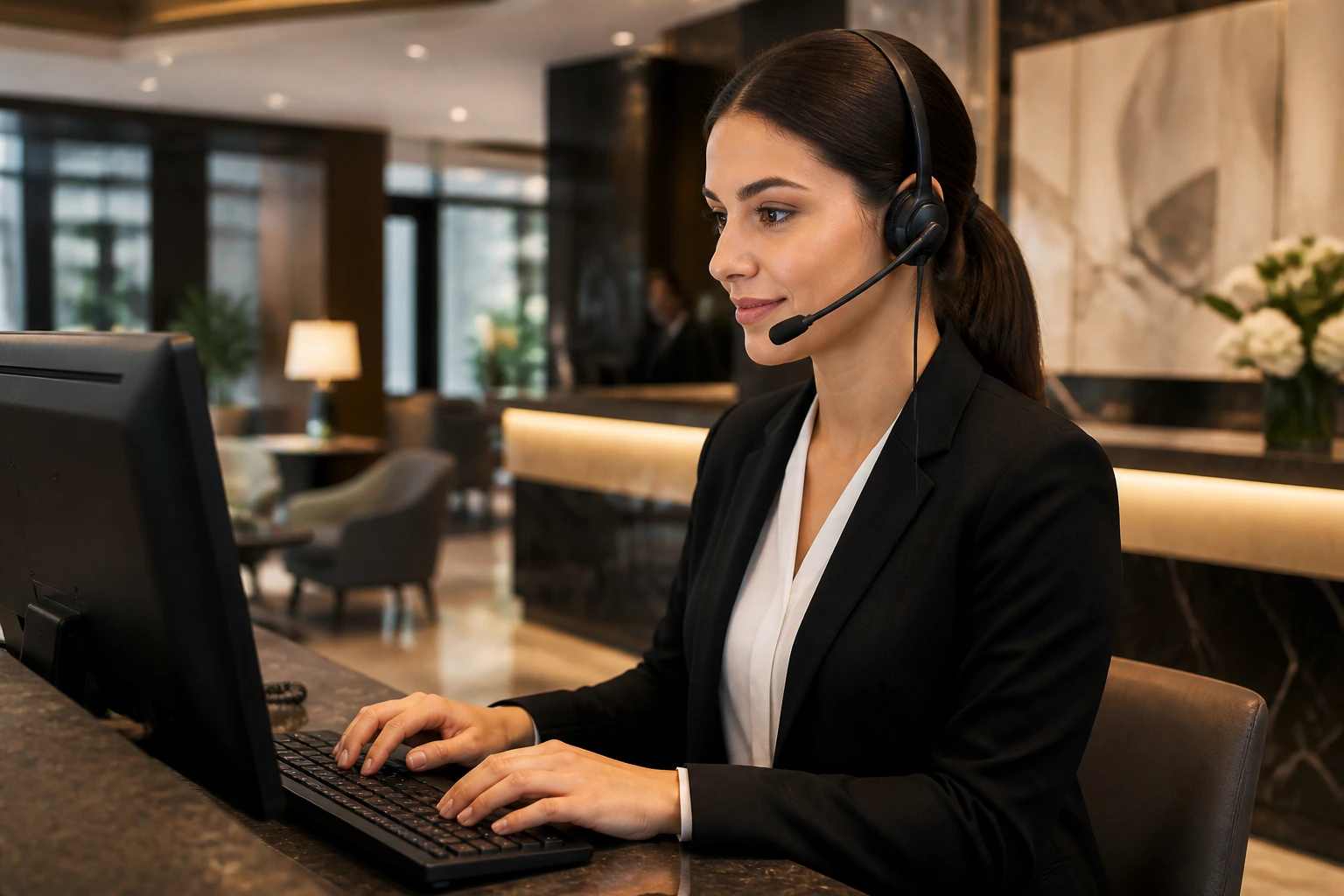 Receptionist multitasking at front desk
