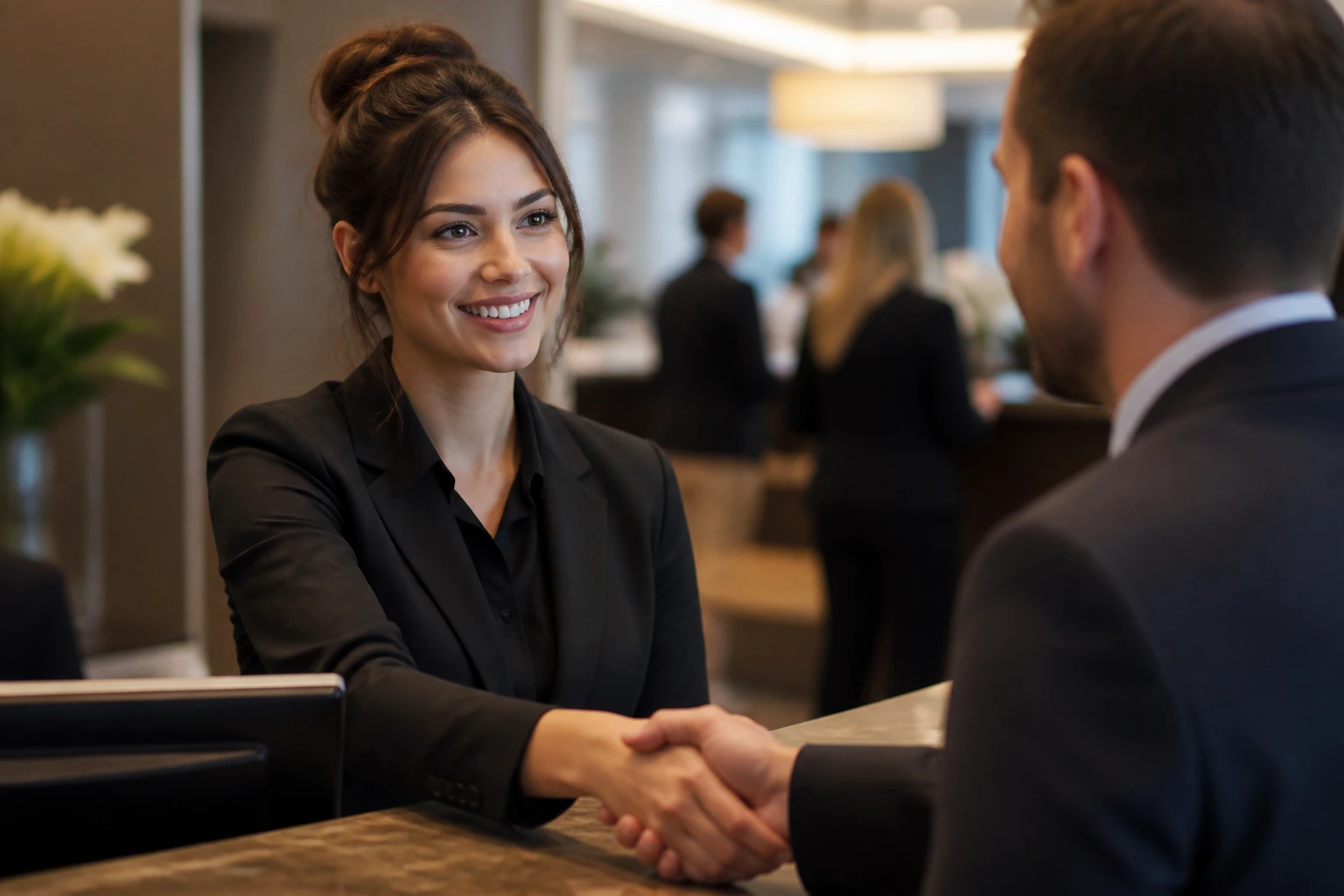 Portrait of a receptionist at a front desk suggesting a path to sponsorship