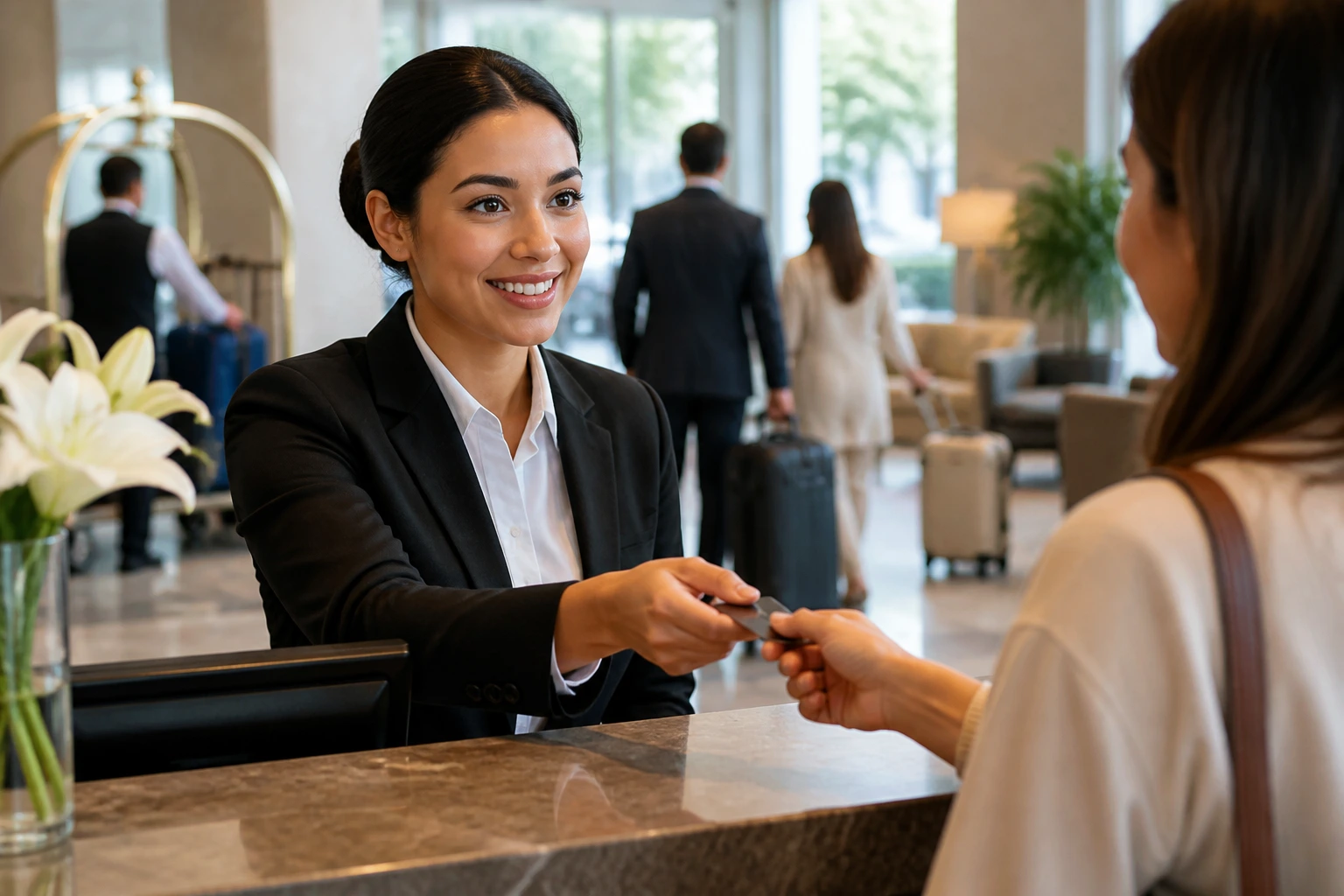 Receptionist demonstrating sponsor-worthy skills under pressure