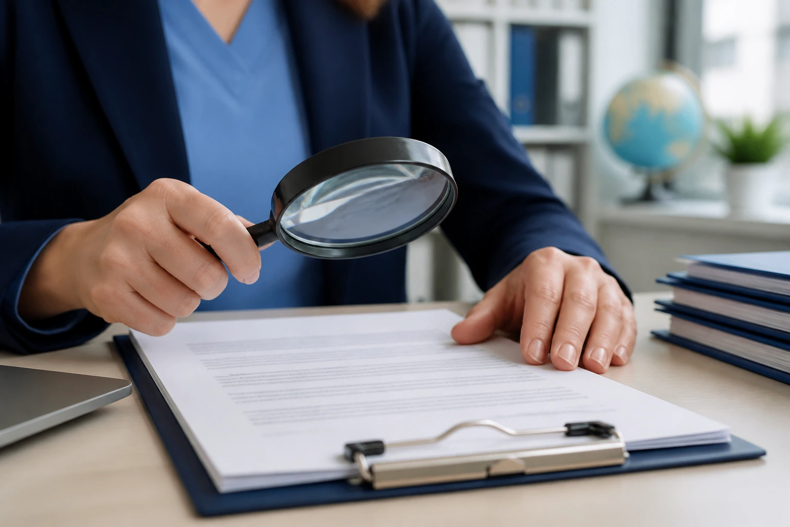 Close-up of a professional examining a recruiter contract with a magnifying glass