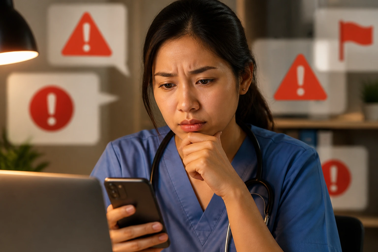 Person looking at a device screen with red warning icons indicating recruitment scams.