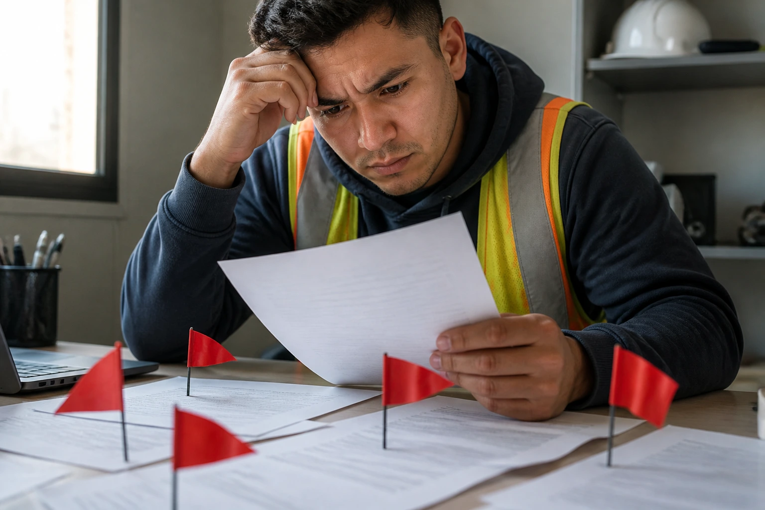 Close-up of a worried worker reviewing papers about recruitment scams.