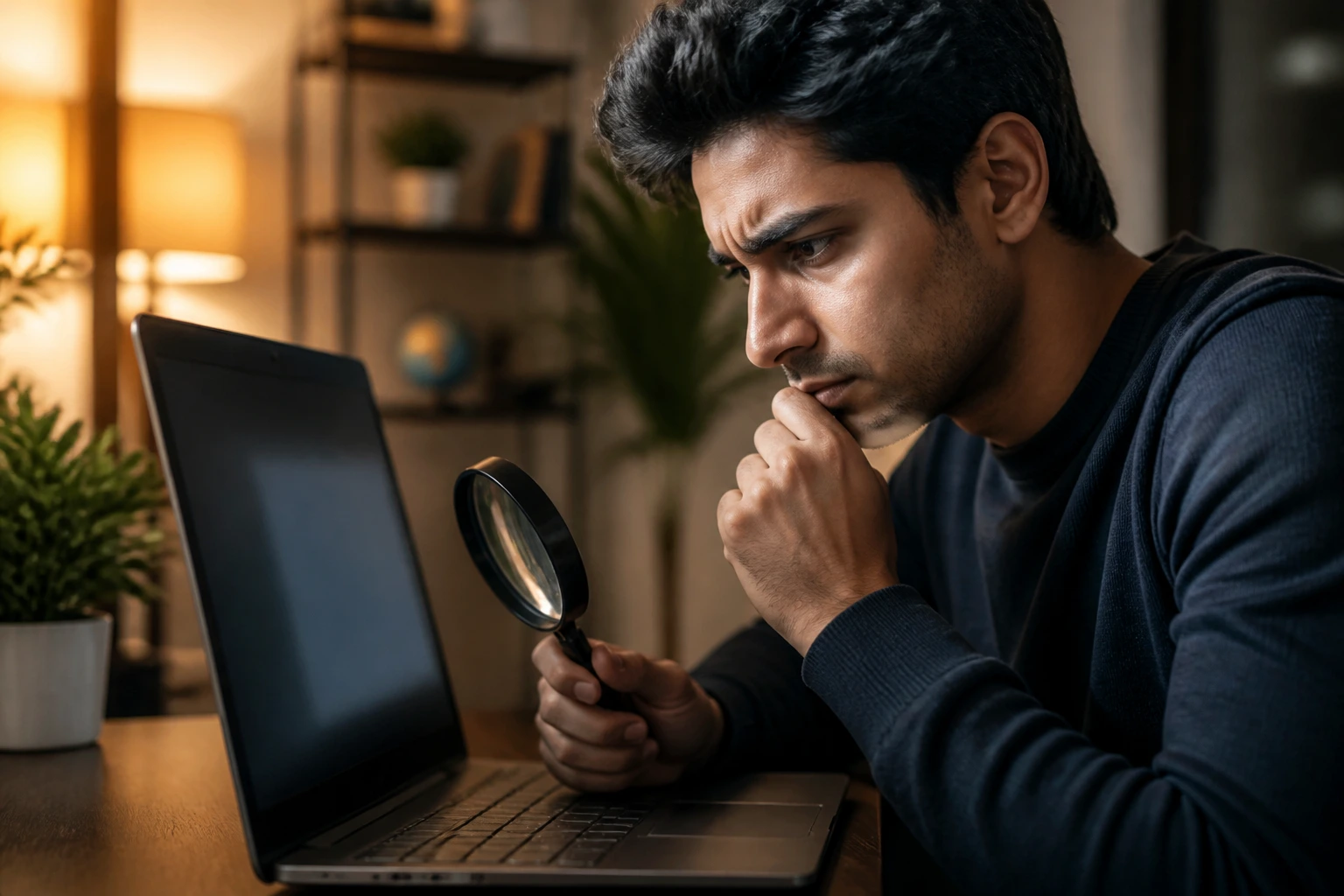Cautious applicant in a home office examining a suspicious online offer on laptop