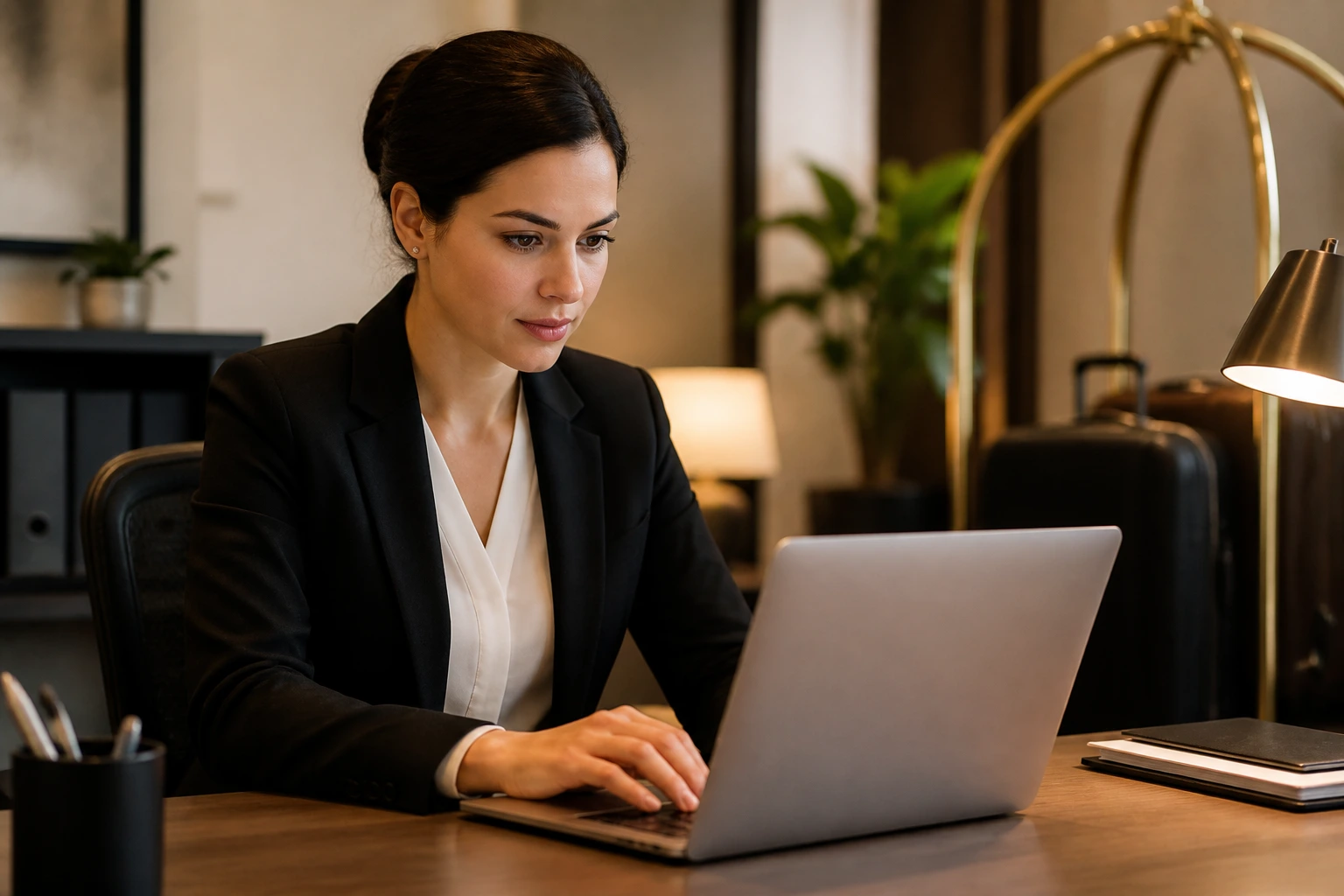 HR recruiter reviewing sponsorship postings for hotel jobs in an office.