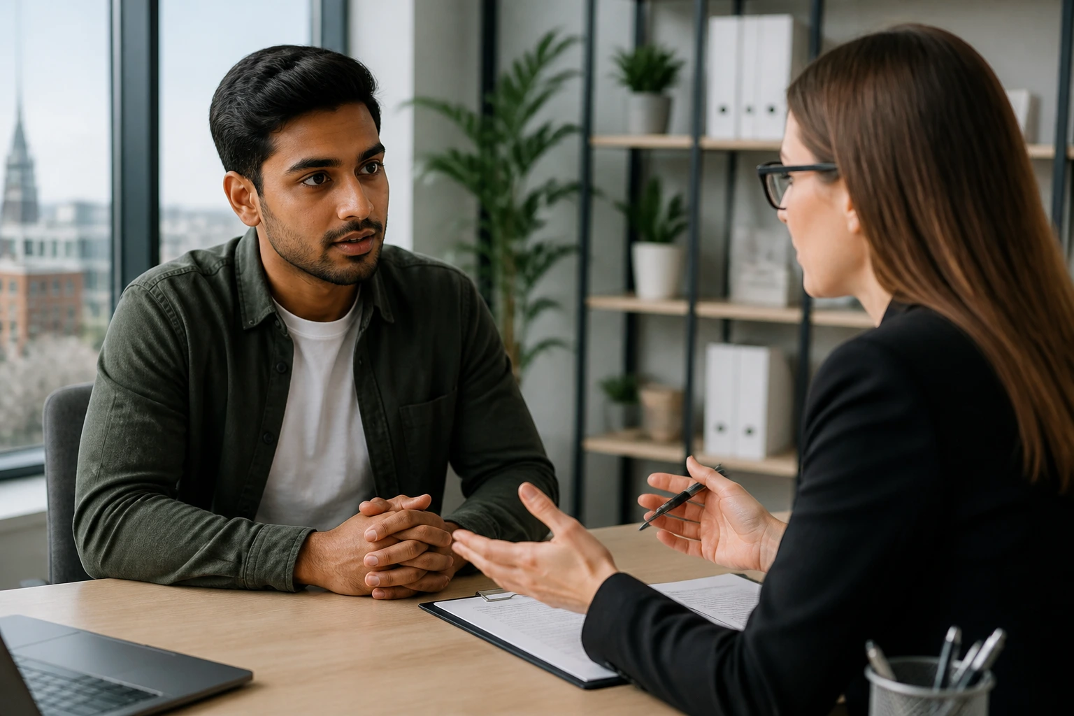 Job seeker consulting with a recruiter in an office.