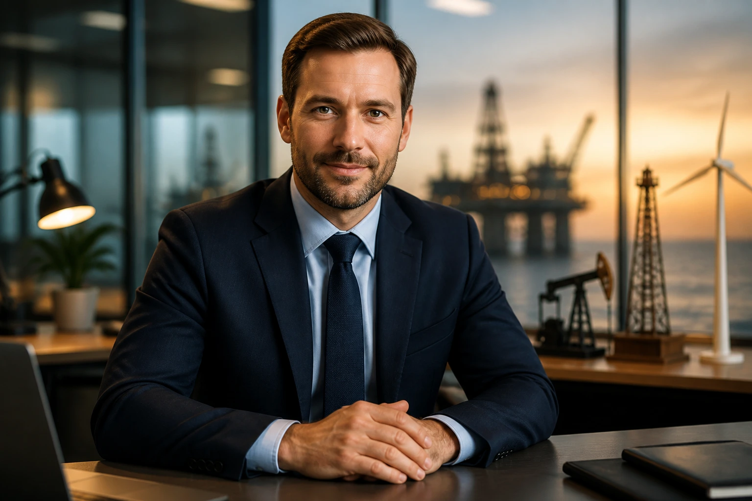 Portrait of a suited recruiter in an energy-industry office, hands on desk, no text