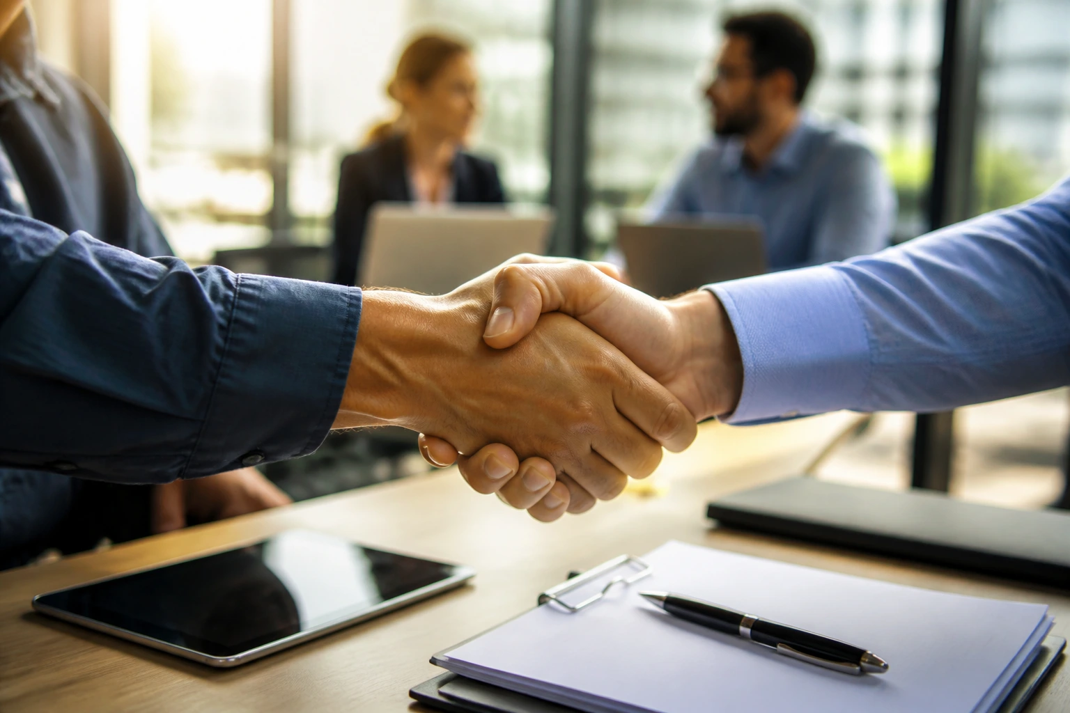 Close-up handshake on a desk representing recruitment agencies in a professional office