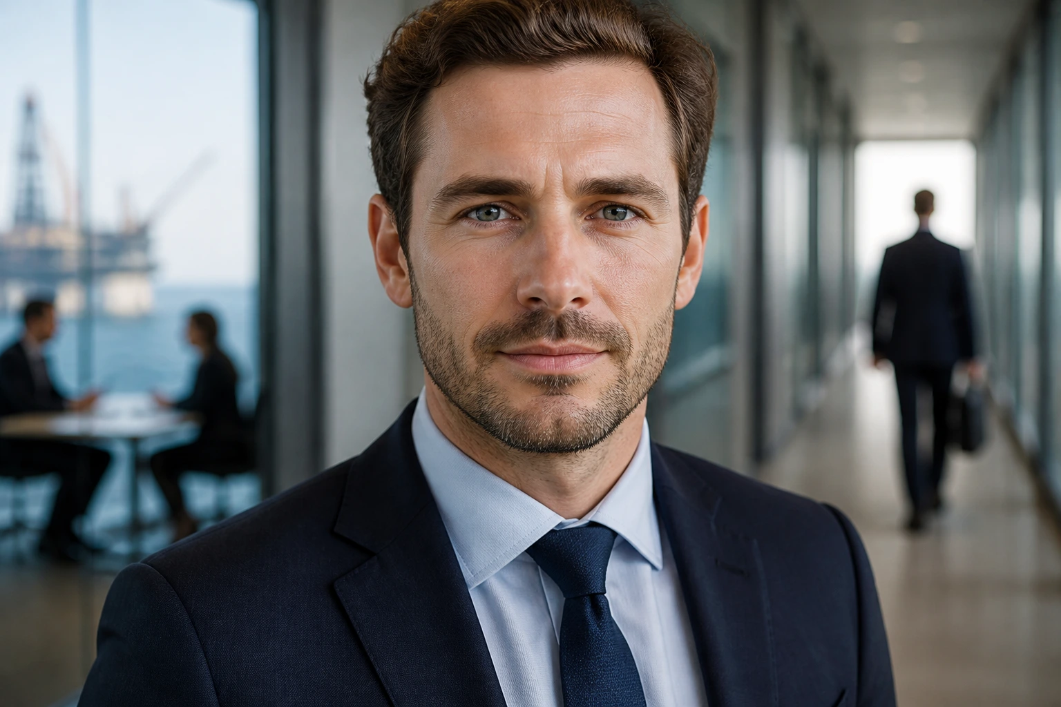 Close-up portrait of an engineer weighing recruitment agency vs direct applications in a modern office.