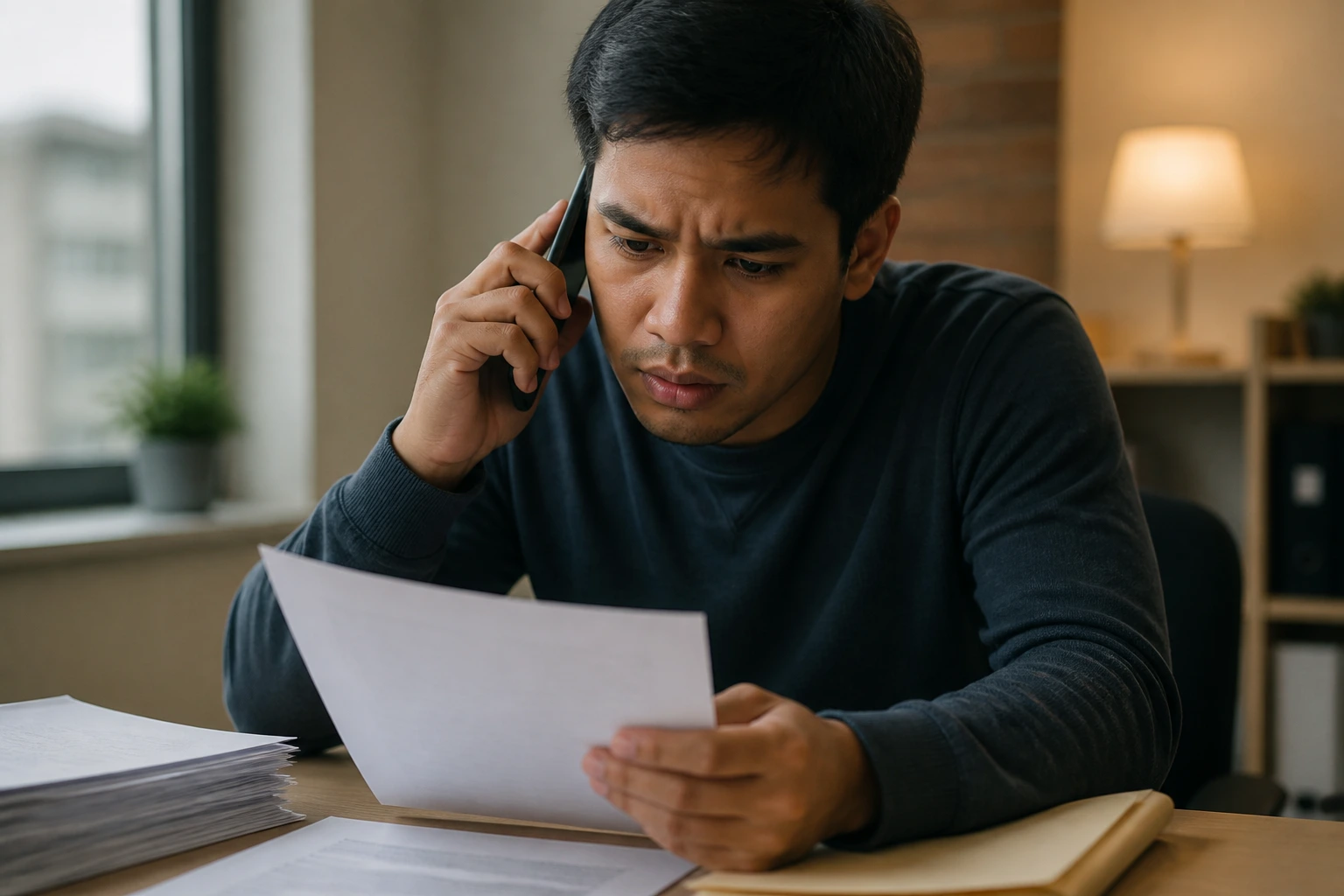 Job seeker evaluating recruitment documents in a quiet office