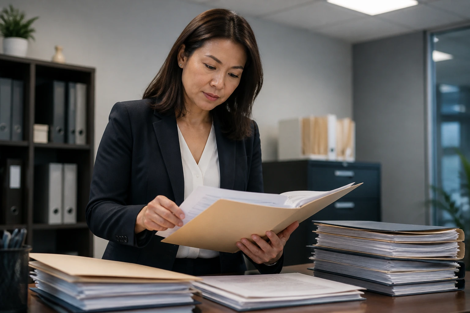 Professional reviewing documents at a desk in an office