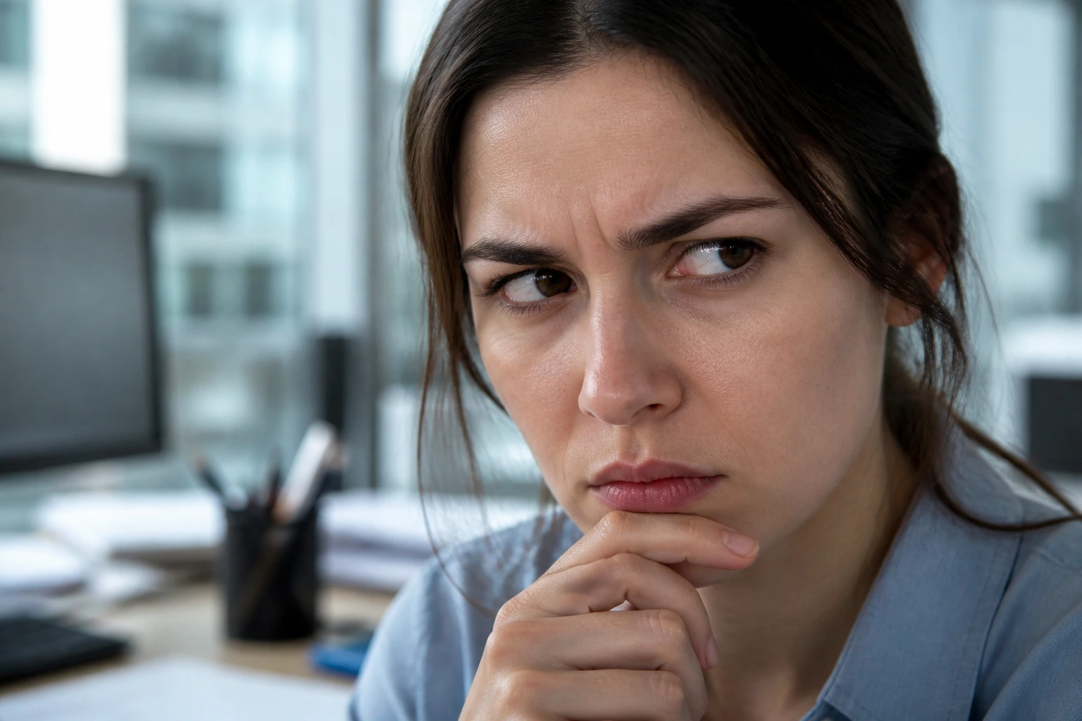 Close-up of a wary person's face in an office setting warning against scams