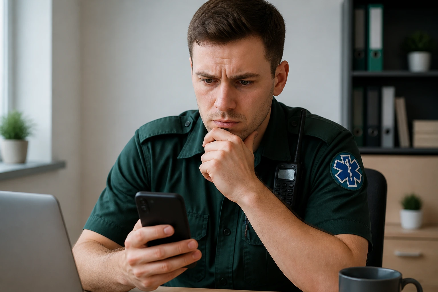 Paramedic guarding against recruitment scams in an office setting.