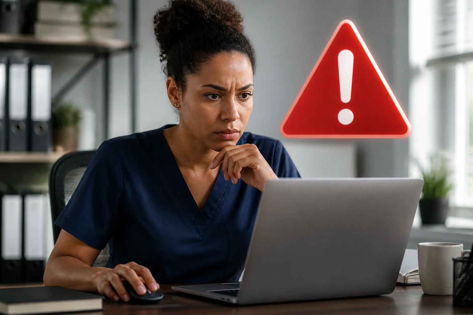 Close-up portrait of a vigilant job seeker at a desk considering offers to avoid recruitment scams.
