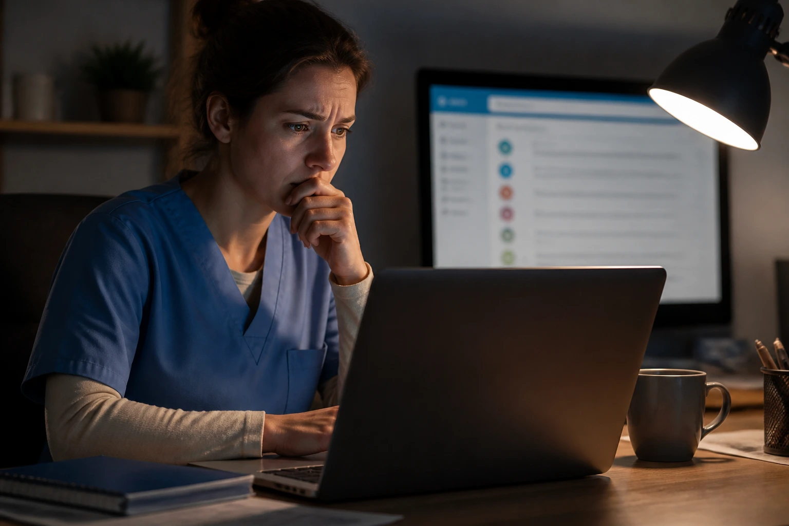 Person examining a potential recruitment offer on a laptop with a wary expression