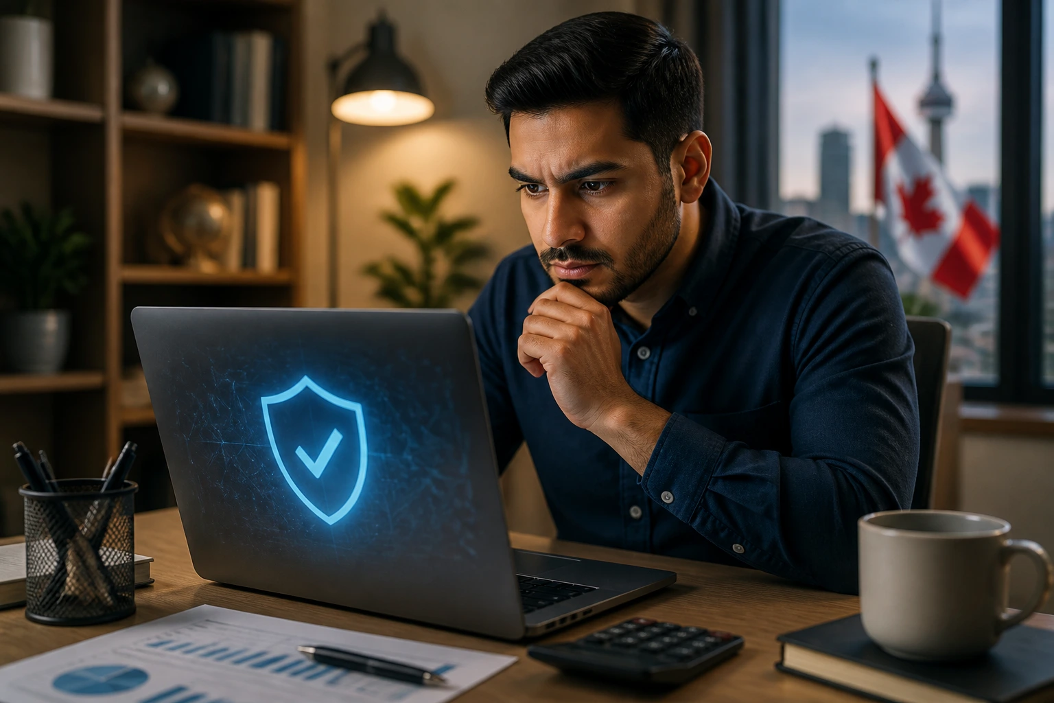 Person vigilant at laptop with shield icon indicating scam awareness