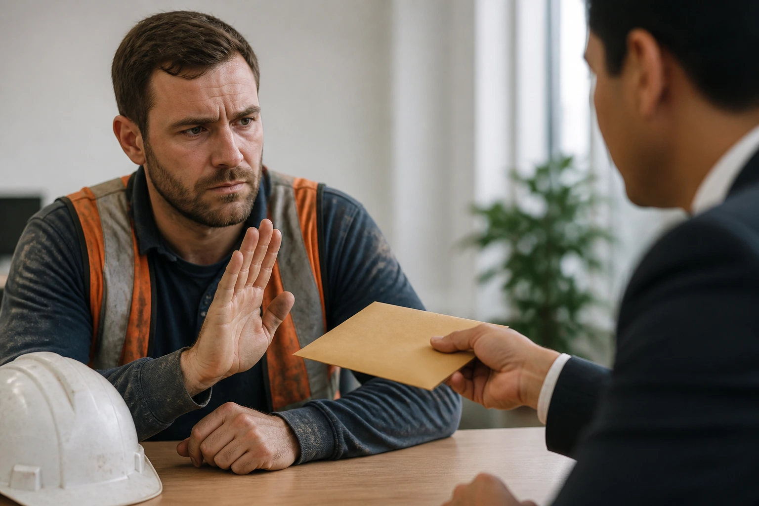 Bricklayer with wary expression in a professional office