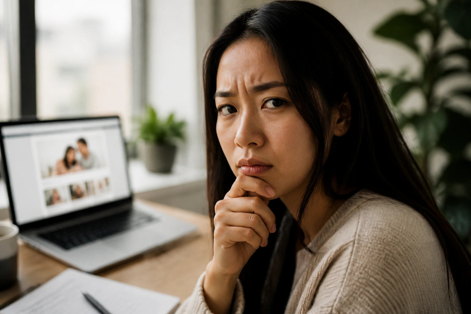 Skeptical job seeker at a desk, illustrating recruitment scams awareness
