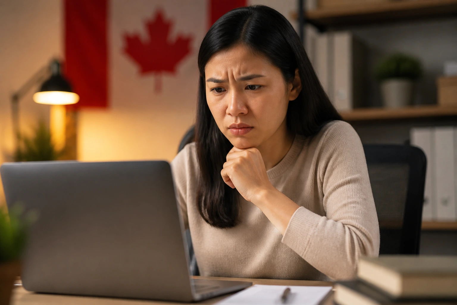 Person in an office scrutinizing recruitment materials with caution