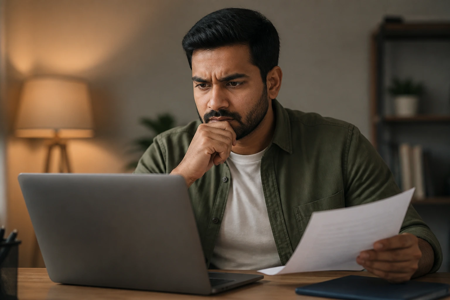 Professional wary of recruitment scams in a home office setup
