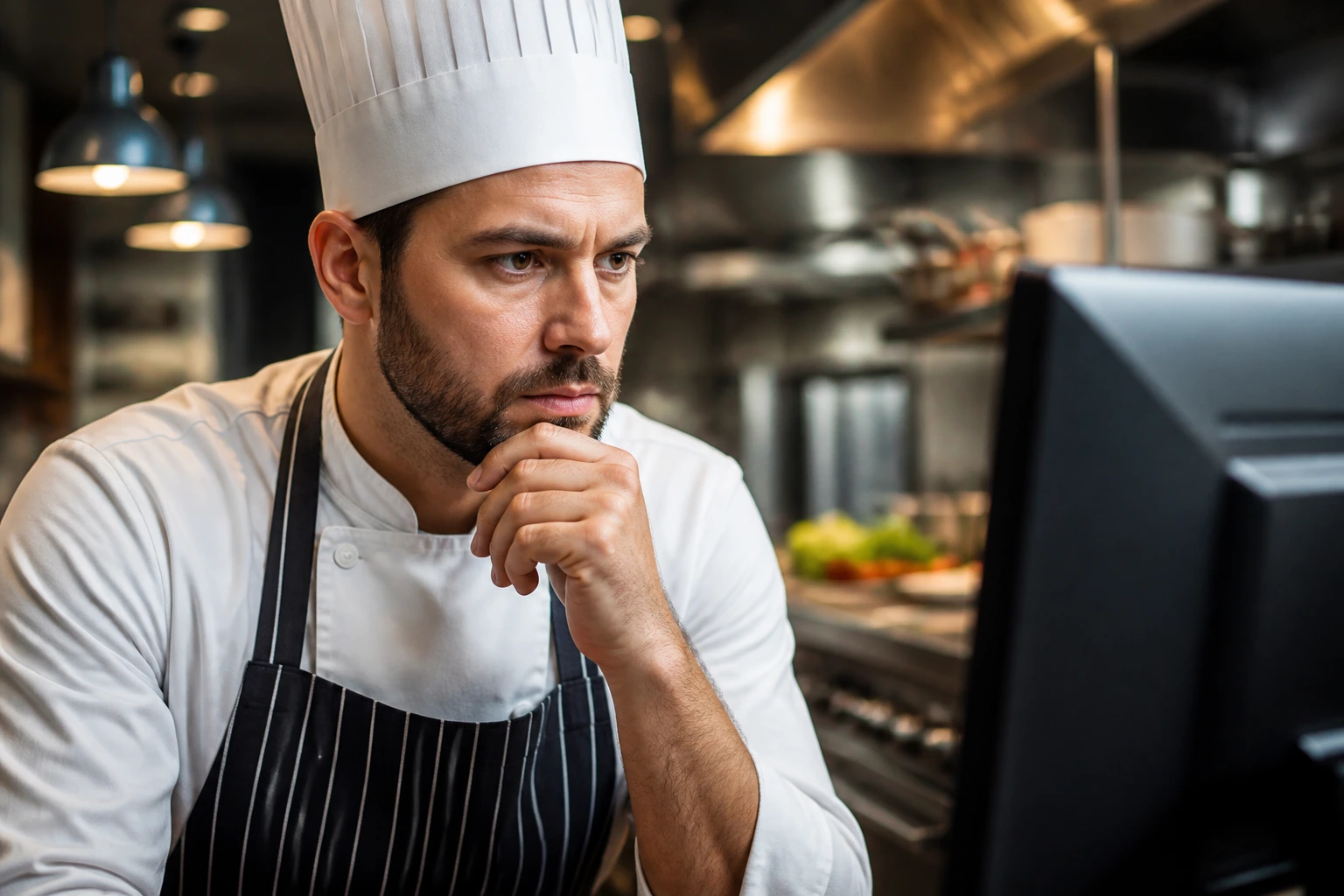 Close-up portrait of a chef in a kitchen glancing at a blurred screen