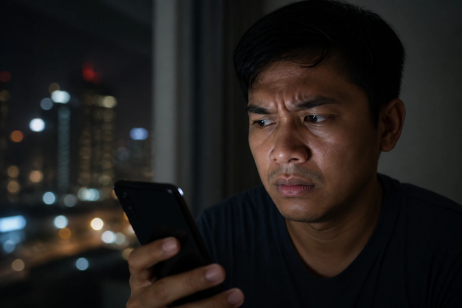 Wary foreign job seeker looking at smartphone in dim room