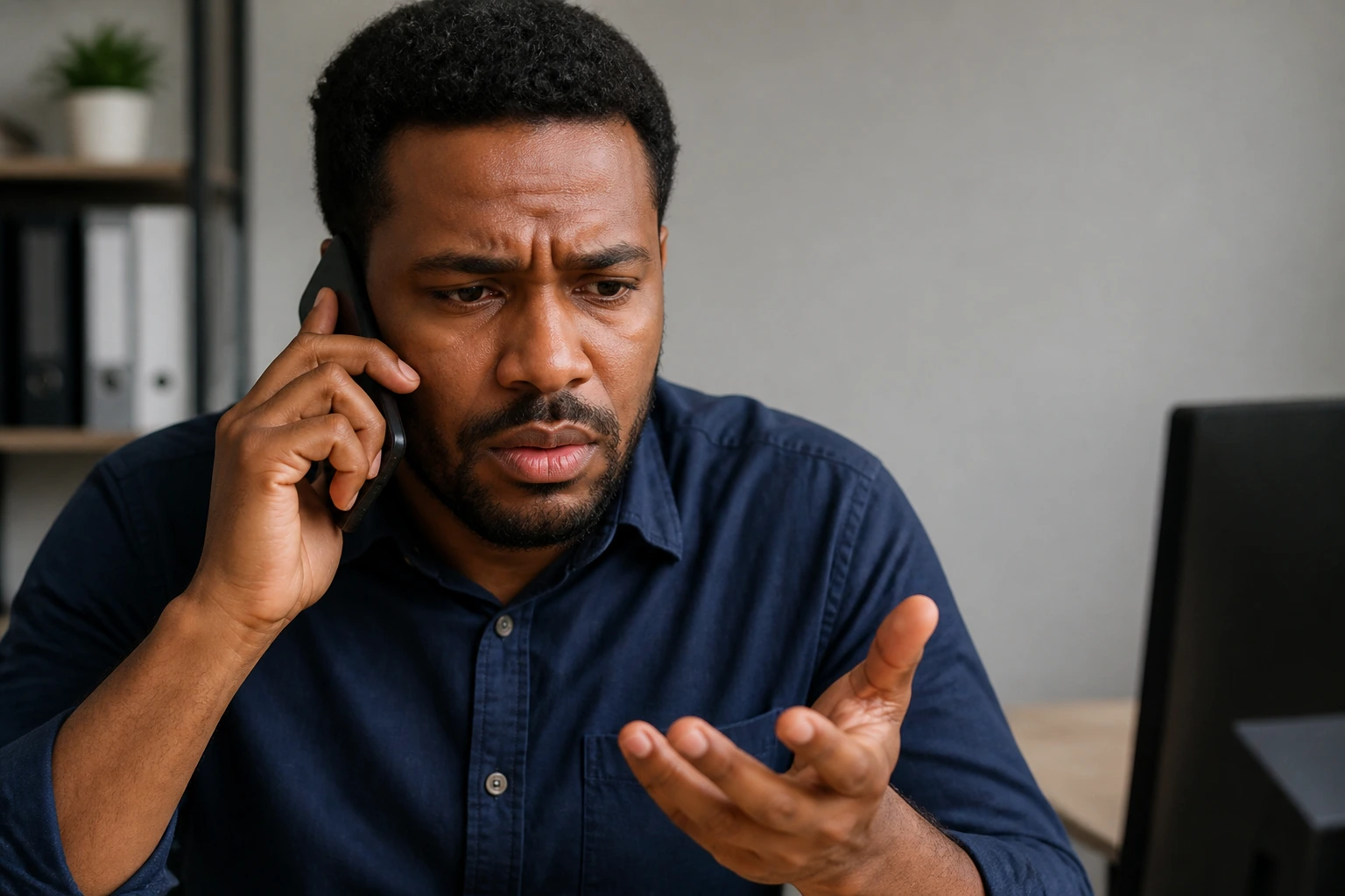 Close-up of a candidate on a phone in an office