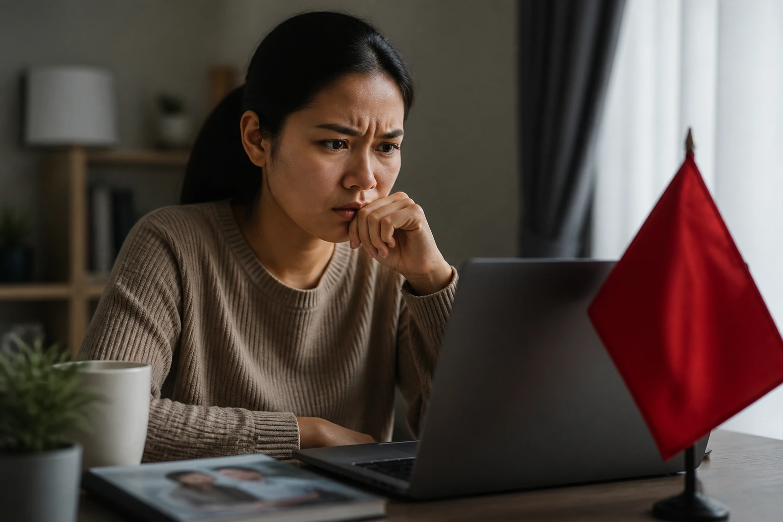 Person looking wary at a laptop in a home office, warning signs of scams
