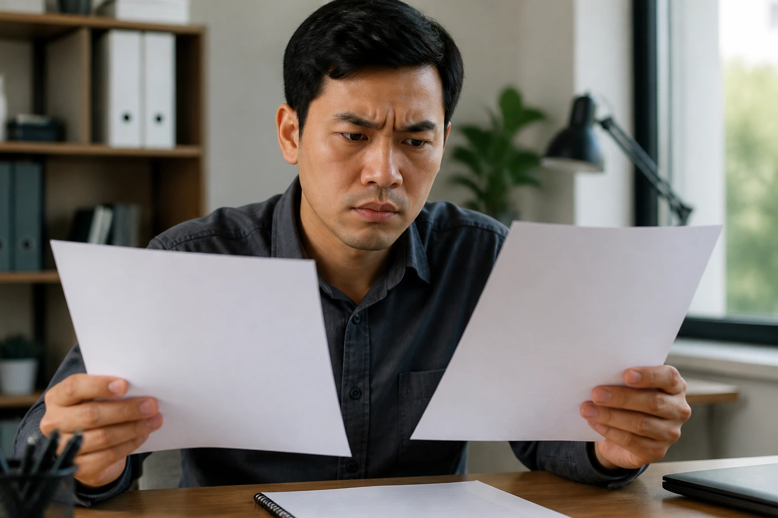 Job seeker scrutinizing documents in an office