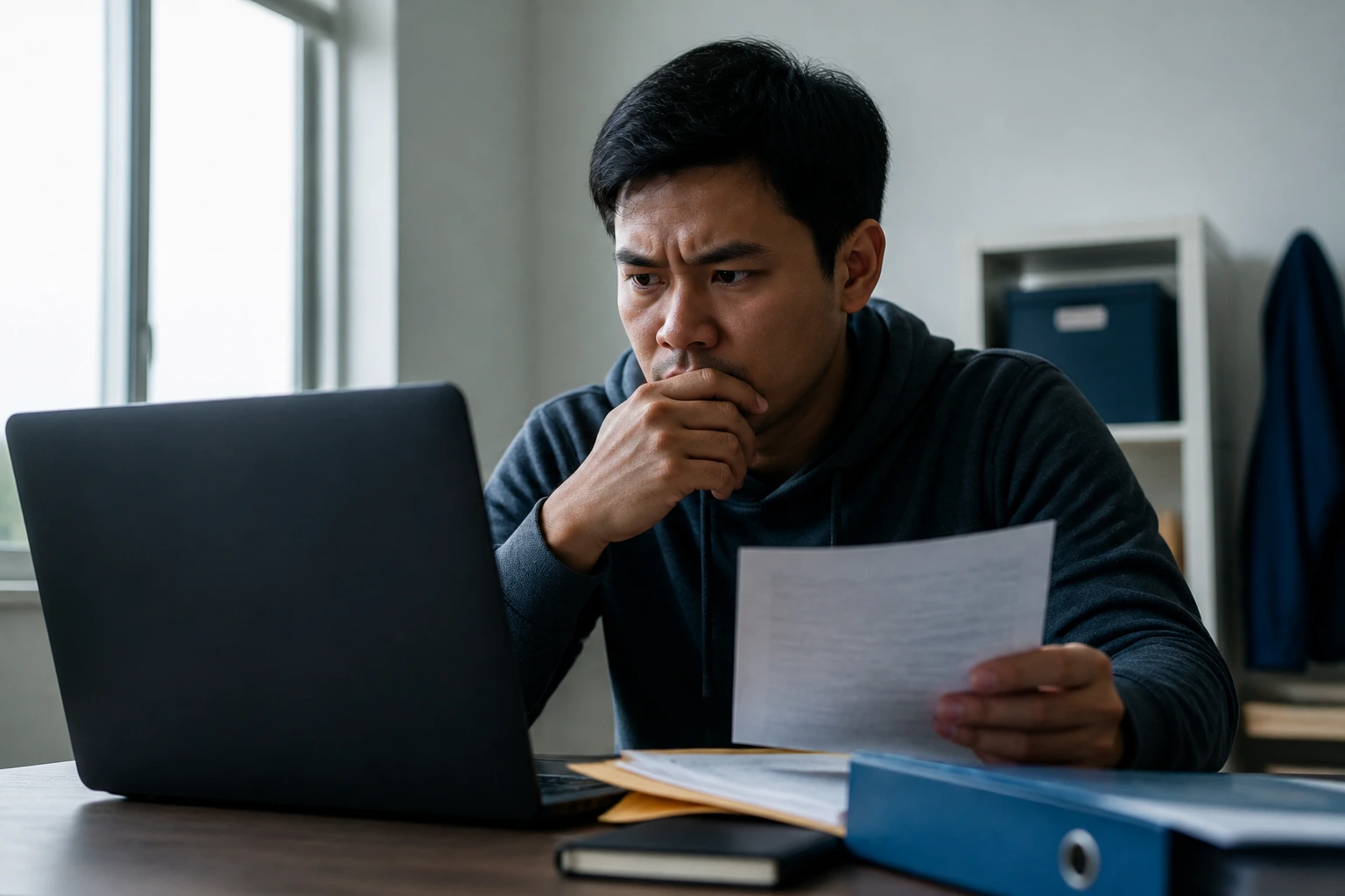 Wary applicant at a desk examining a laptop, signaling caution about recruiting offers