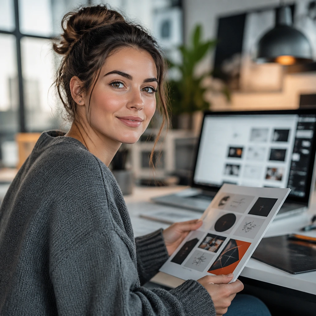 Graphic designer examining portfolio in a modern office with blurred job postings in background