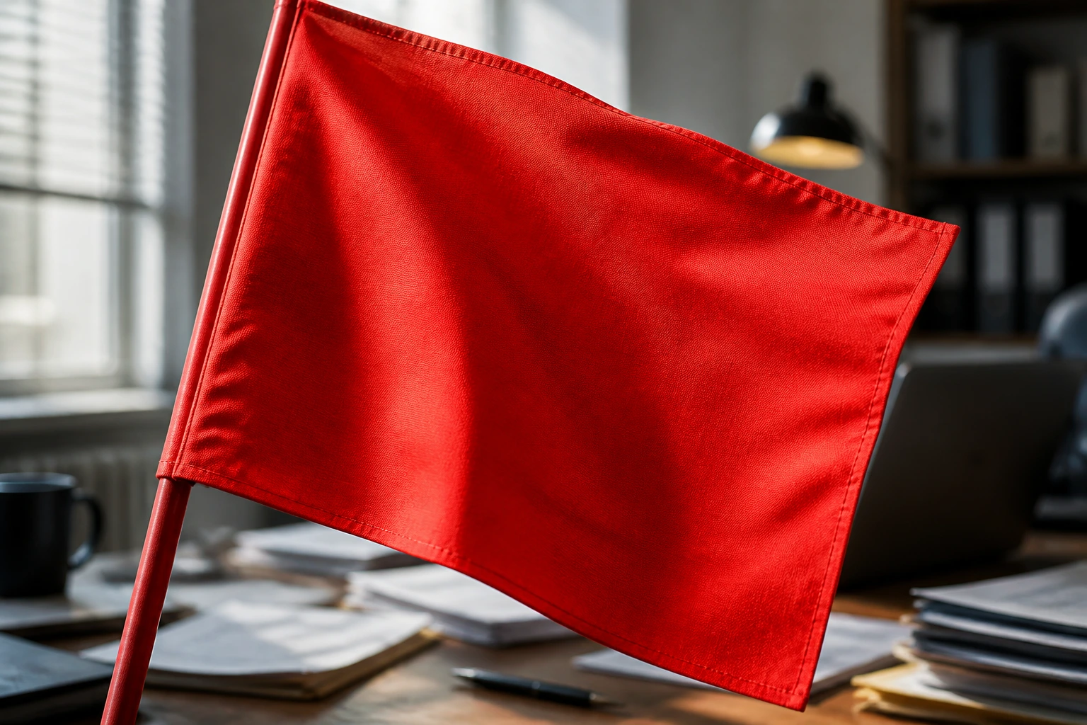 Close-up of a bold red warning flag dominating the frame with a blurred office background, signaling potential fake LMIA offers