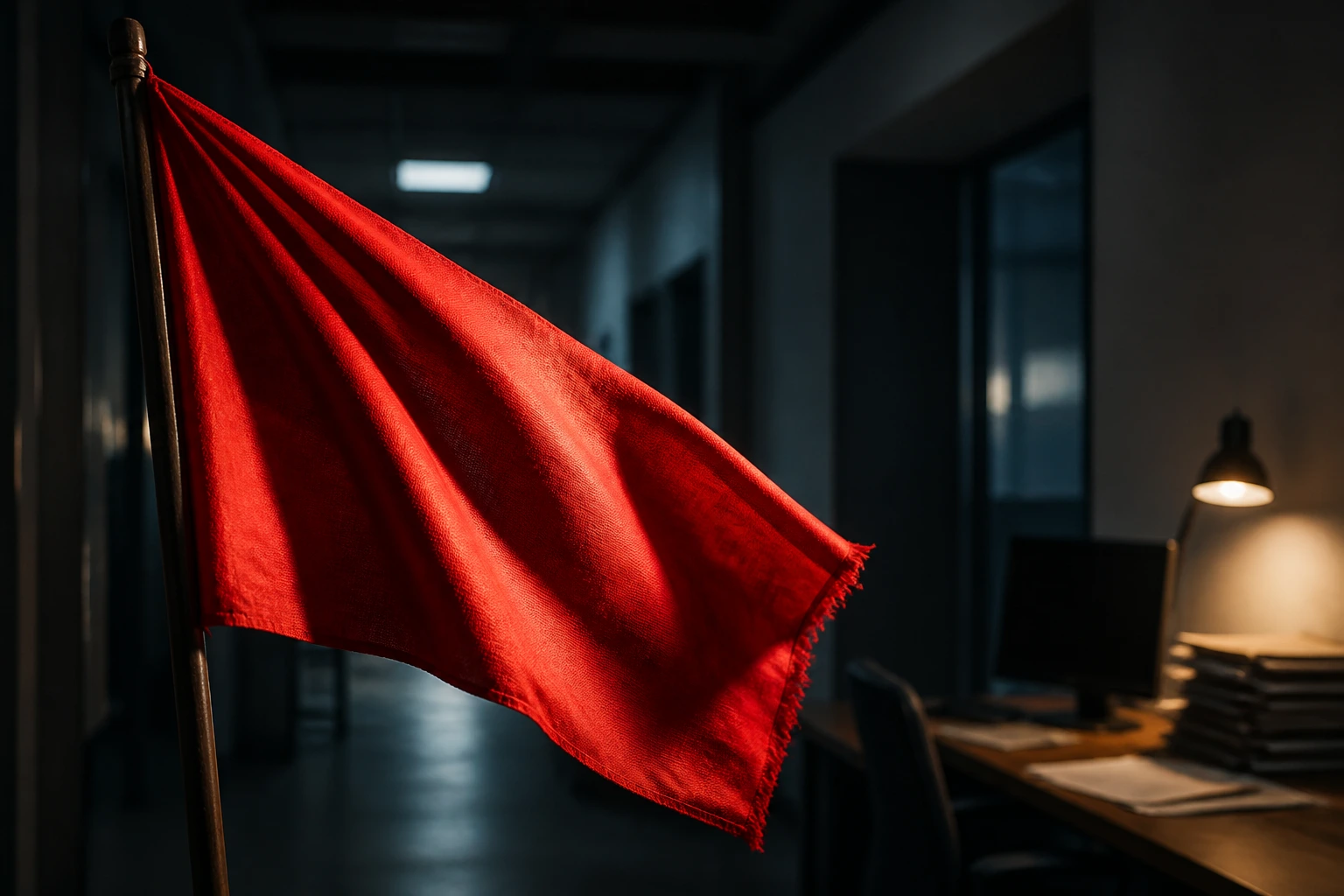 Close-up of a red warning flag in an office-like setting signaling sponsorship scams