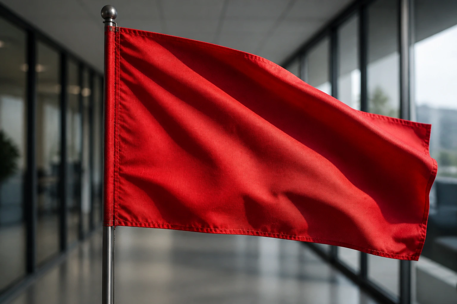 Close up of a red flag dominating an office corridor, symbolizing warning signs in sponsored adverts
