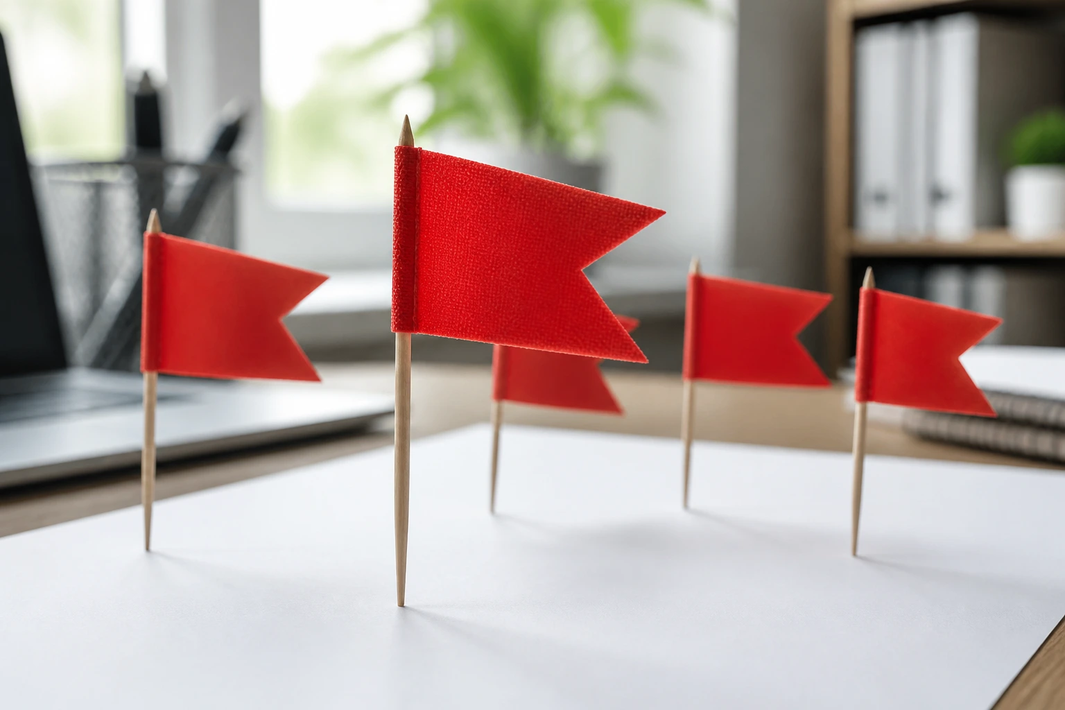 Close-up of red flags signaling warnings on a desk near a blank document
